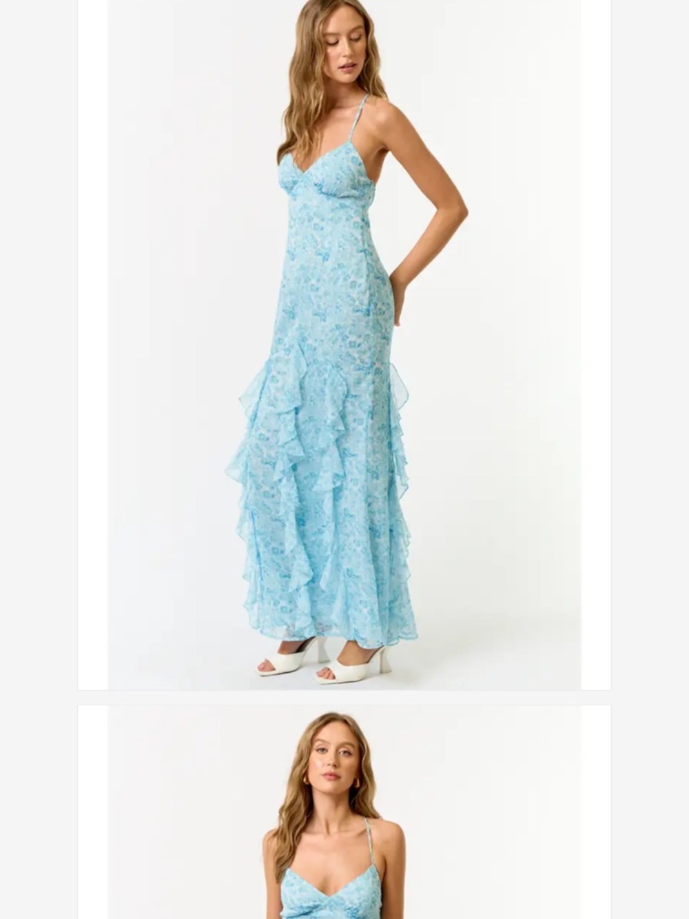 Light Blue Spring Floral Ruffle Maxi Dress
